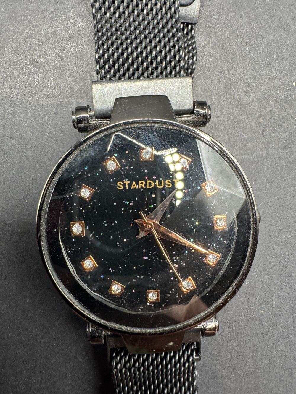 Starburst Diamond Glass Rose Toned & Crystal Accents Watch Black Mesh Band